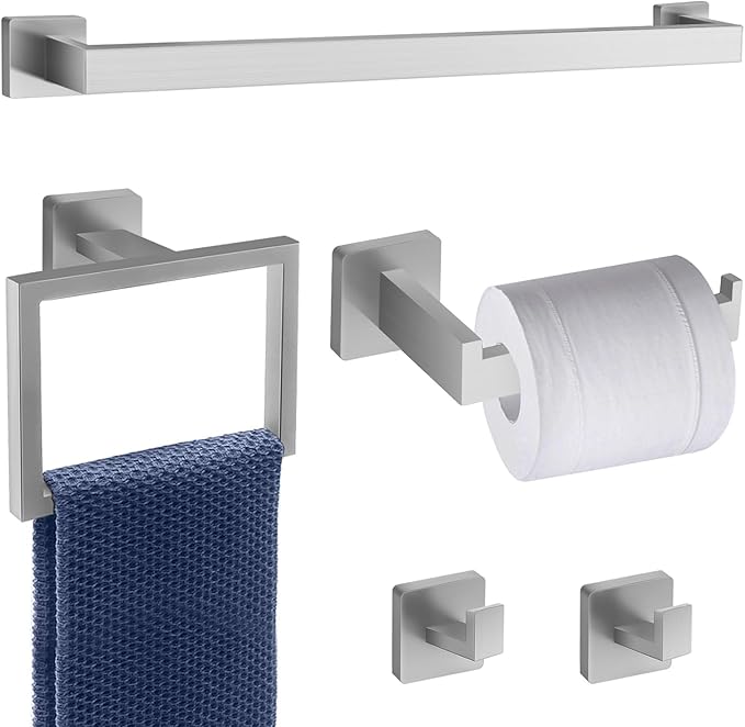 5 Piece Brushed Nickel Towel Bar Set Bathroom Hardware Set Brushed Nickel Bathroom Accessories Set with 2 Towel Hook, Stainless Steel Wall Mounted Bathroom Towel Rack Set Square 16-Inch