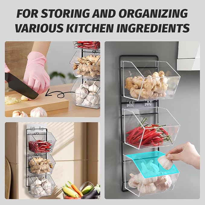 3-Pack Small Clear Storage Baskets, Wall Mounted Adhesive Spice Rack Plastic Storage Bins Kitchen Wall Organizer and Storage Shelves, Spice Organizer for Countertop/Cabinet/Bathroom