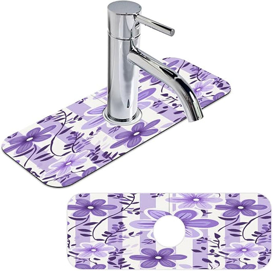 Purple Floral Stripe Kitchen Faucet Mat Splash Guard, 15.4”x5.7” Absorbent Quick Drying Sink Mat for Countertop Protection, Draining Mat Sink Protectors For Kitchen Bathroom, 1 Pack