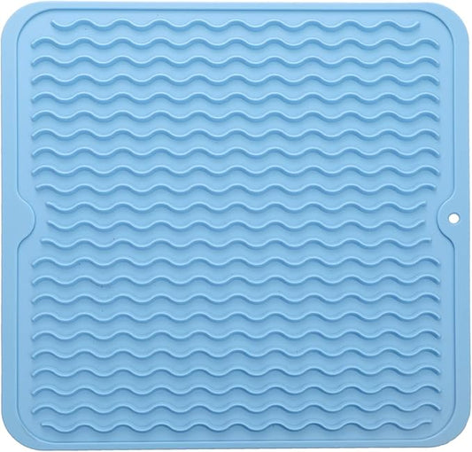 Silicone Dish Drying Mat for Multiple Usage,Easy clean,Eco-friendly,Heat-resistant Silicone Mat for Kitchen Counter or Sink,Refrigerator or Drawer liner Light Blue M 12 inches x 12 inches
