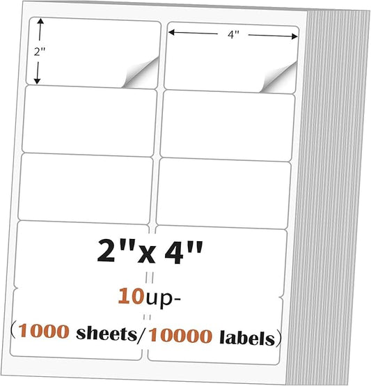 2"x 4" (1000 Sheets) Address Labels Sticker Paper for Laser/Ink Jet Printer, Printable and Writable White Sticker Label- Matte, 10 per Page Label (Total 10000 Labels)
