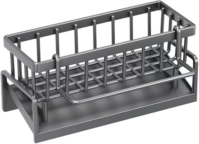 Kitchen Sink Caddy Organiser with Self Draining Tray, Sponge Holder, Brush Holder, Dish Soap Holder, Carbon Steel