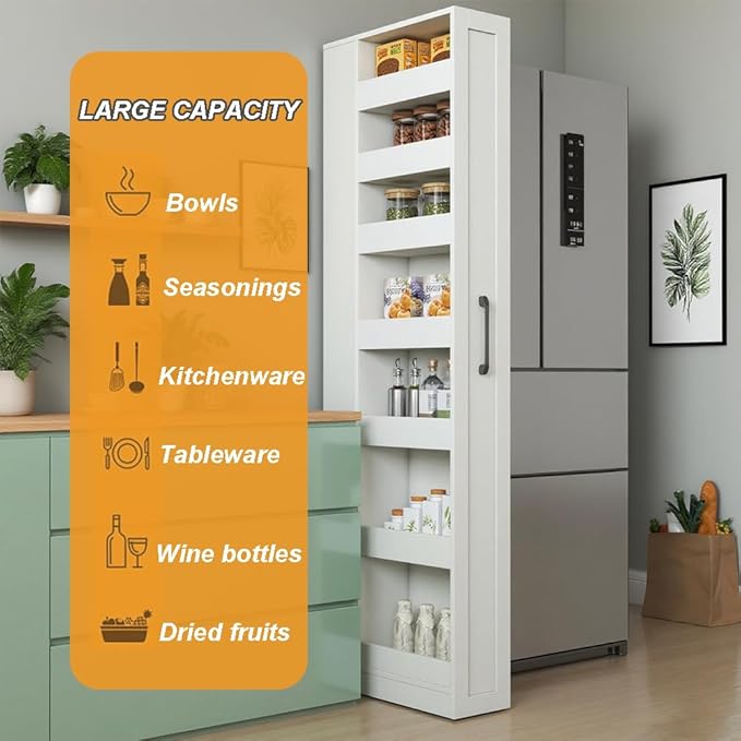 7 Tier Slim Storage Cart, Rolling Spice Rack Next to Fridge Slim, Narrow Storage Cabinet, Wood Storage Organizer with Handle Wheels for Kitchen, Dining Room (7 Tier)