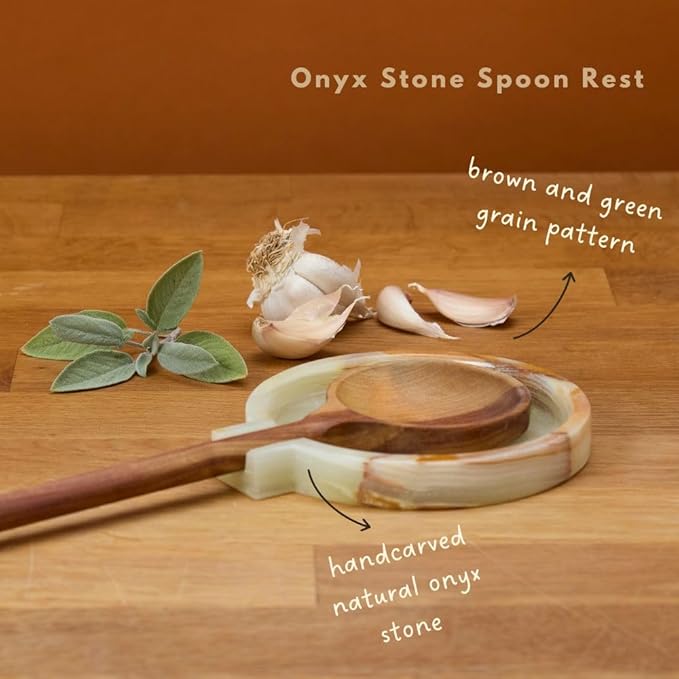 Spoon Rest for Stovetop, Large Onyx Stone Spoon Holder for Kitchen Counter, Heat-Resistant Cooking Spoon Rest, Kitchen Decor, Kitchen Essentials, 5" Wide, Natural Beige, Varying Patterns