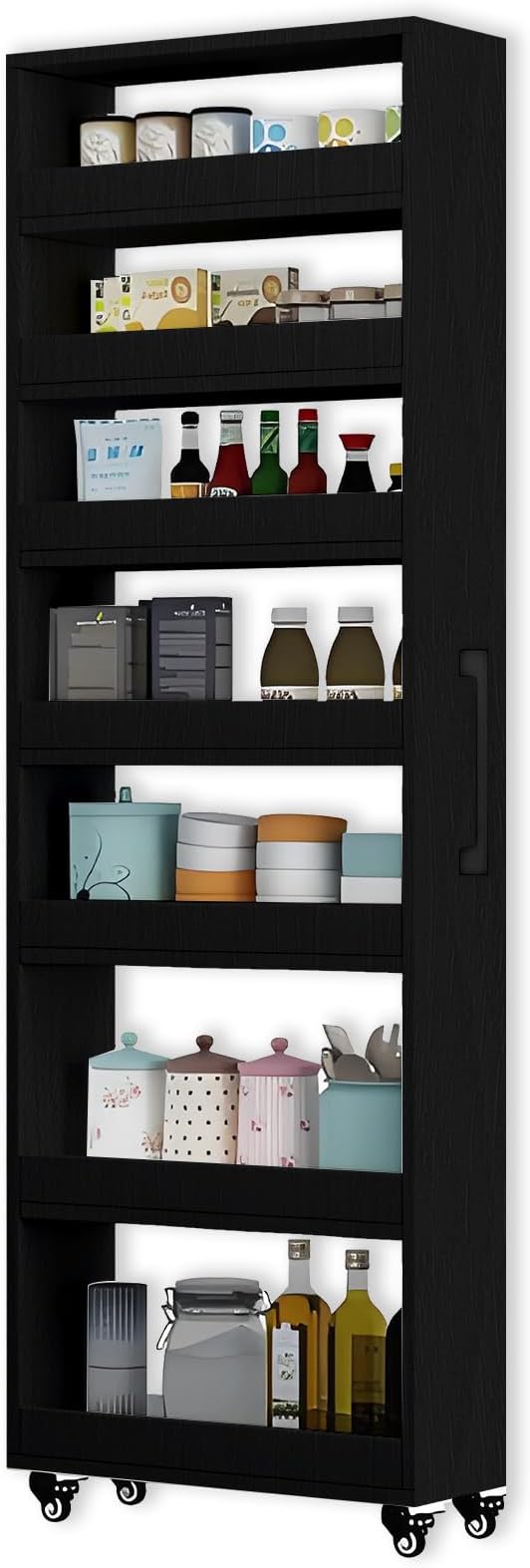 7-Tier Slim Rolling Storage Cart, Wooden Narrow Pantry Cabinet with Wheels, Tall Space-Saving Shelf Organizer for Kitchen, Laundry, Bathroom (Black, 73.2" H*7.8" W*19.6" D)