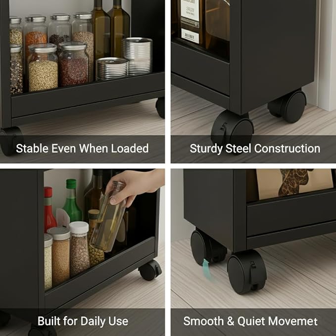 7 Tier Slim Rolling Storage Cart with Wheels, Narrow Storage Cabinet for Small Spaces, Mobile Spice Rack Organizer for Kitchen, Pantry, Baking Room, Dining Room(Black,9.8"x21.6"x72.4")