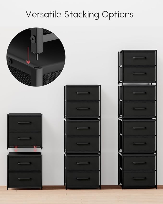 Stackable Storage Drawers - 2 Tier Closet Drawers, Closet Organizer with Metal Handles, Night Stand with Collapsible Bins, Fabric Dresser for Bedroom, Dorm, Office, Black, 1 Pack