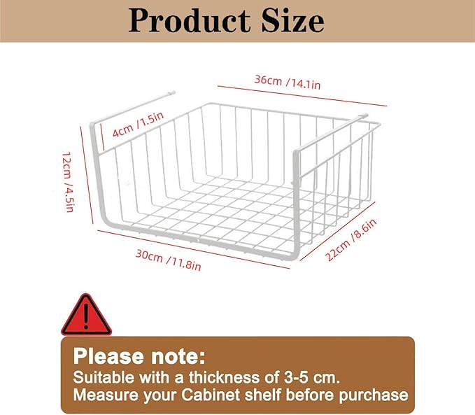 Under Shelf Storage - 2 Pack Under Cabinet Hanging Storage Organizer Metal White for Kitchen Pantry Desk Bookshelf