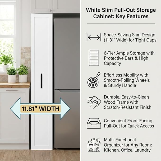Slim Rolling Storage Cart, 6-Tier Pull-Out Spice Rack with Handle & Wheels, Narrow Kitchen Organizer for Next to Fridge, Pantry, Laundry Room,11.8 Inch Wide Space Saver (White, With Side Panel)