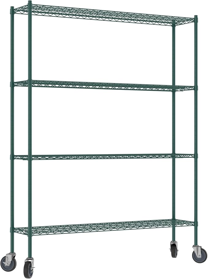 Commercial NSF Listed Green Epoxy Mobile Wire Shelving Kit 14" x 60" x 80", with 4 Shelves Perfect for Warehouse, Walk-in Refrigerator, Freezer, Grocery Store, Restaurant, Dishroom