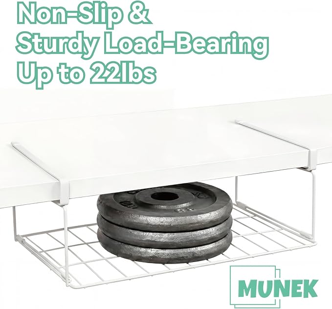 MUNEK Under Shelf Basket Storage 2 Pack White Space-Saving with Extra Layer Lightweight & Quick to Install Non-Slip16.1"D x 8.46"W
