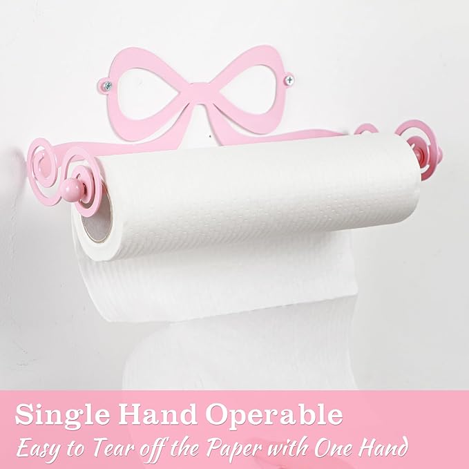 LemonRoad Valentine's Day Pink Bow Wall Mount Paper Towel Roll Holder Metal Coquettish Pink Kitchen Accessories Toilet Paper Towels Holder Bathroom Countertop Decor Valentines Housewarming Gift