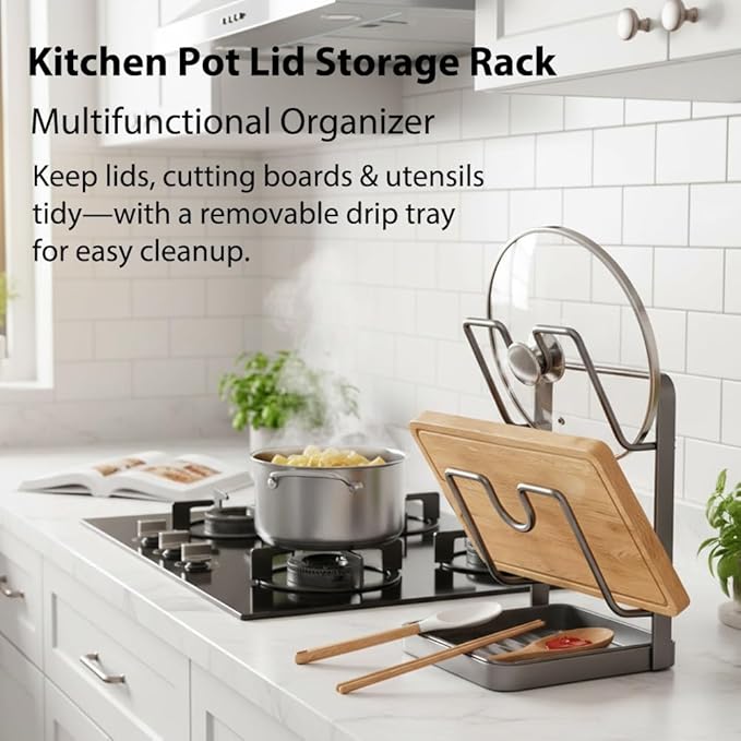 Kitchen Pot Lid Storage Rack, Lid Holder While Cooking, Countertop Organizer Rack for Counter with Removable Drip Tray, Stainless Stand with Tray Spoon Rest for Stove Top(Grey-Single layer)