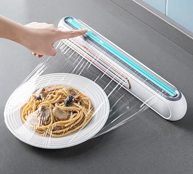 Primewave Food Plastic Wrap Dispenser with Sliding Cutter – Refillable ABS Wrap Cutter for Kitchen | Includes 1 Roll (80cm) Plastic Wrap | Safe & Easy One- Handed Use. (WHITE)