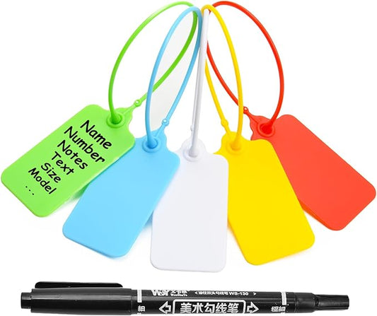 50 Blank Plastic Tags for Labeling Waterproof Hanging Labels Writable Tags Seal Plastic Marking Label for Clothes Bags Keys Inventory with One Marker Pen (Mixed 5 Color)