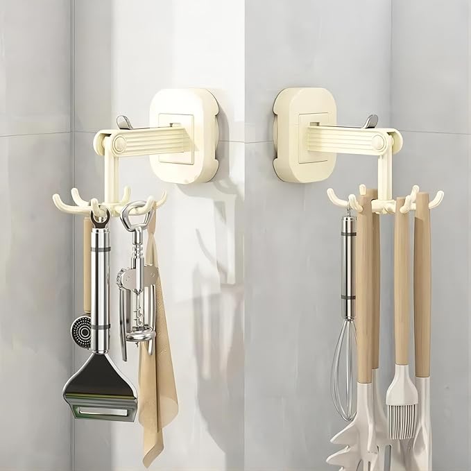 Hanging Utensil Holder Hooks Kitchen Utensil Hanger Wall Mount 360° Rotating Folding Hook Strong Suction Cup Hook Utensil Rack with 6 Hooks for Kitchen Bathroom Cabinet 2 Pack (Cream)
