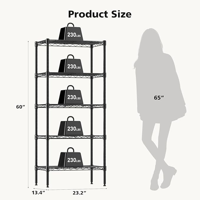 DUMOS 5-Tier Metal Wire Storage Shelves, Adjustable Standing Storage Rack Shelf, Heavy Duty Steel Shelving Unit Organizers for Kitchen Bathroom Pantry Garage, 23.3" W×13.4" D×60" H, Black