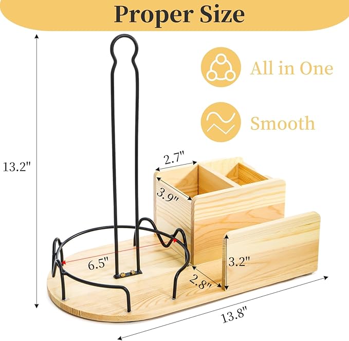 Wood Paper Towel Stand, Towel Roll Napkin Holder Caddy with 2 Spice Compartments, Papertowel Holder for Kitchen Countertop with Heavy Duty Non-Slip Base, Fits Standard or Jumbo-Sized Rolls