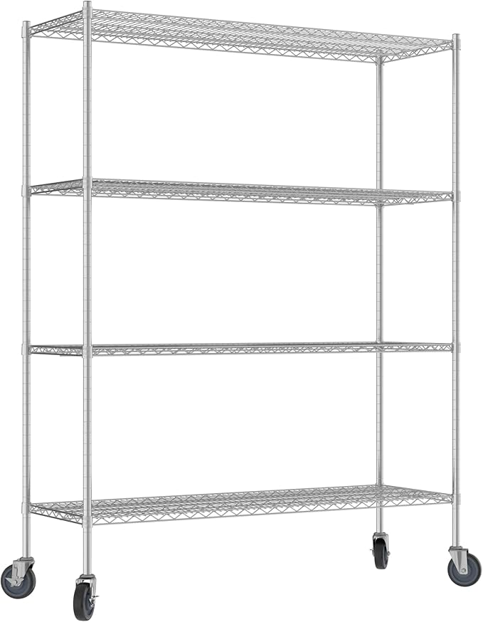 Commercial NSF Listed Chrome Mobile Wire Shelving Kit 21" x 60" x 80", with 4 Shelves Perfect for Warehouse, Walk-in Refrigerator, Freezer, Grocery Store, Restaurant, Dishroom