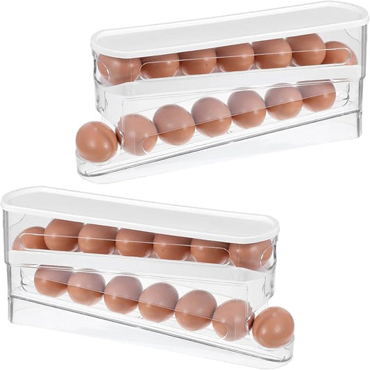 Egg Holder for Fridges 2 Pack, Auto Rolling Fridge Egg Carton 14 Grid Space Saving Clear Eggs Storage Box Eggs Dispenser Rolls Stackable Container with Lid for Fridge and Kitchen Cabinet