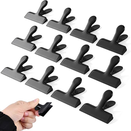 Chip Bag Clips, 12Pcs Stainless Steel Chip Clips for Food Packages, Metal Kitchen Clip for Snack Bags, Food Storage and Office Home Kitchen, Black