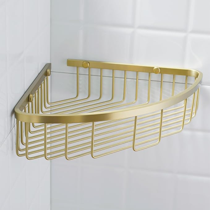 304 Stainless Steel Shower Caddy Corner Basket Shelf Bathroom Organizer Wall Mounted Storage, Brushed Gold Brass Finish Heavy Duty