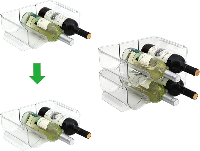 OKITCHEN Set of 2 Stackable Tabletop Wine Rack, Free-Standing Counter Top Water Bottle Storage Organizer, Plastic Wine Rack for Kitchen Countertop, Cabinet and Fridge Organization, 3-Bottle 2 Packs