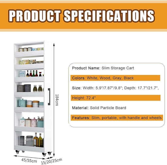 Slim Rolling Storage Cart with Wheels Narrow Spice Rack Organizer Cabinet Next to Refrigerator Space Saving Wood Storage Cabinet for Kitchen, Pantry(Wood,D 21.65 x H 72.4 x W 5.91 in)