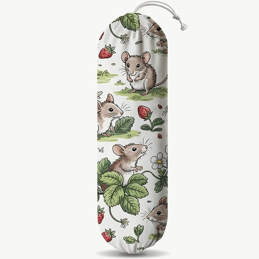Rats Strawberry Plastic Bag Holder, Reusable Washable Shopping Bags Storage Carrier, Fabric Garbage Trash Bag Dispenser for Home Kitchen Pantry Cabinet, Wall Mount, Kitchen Housewarming Gifts