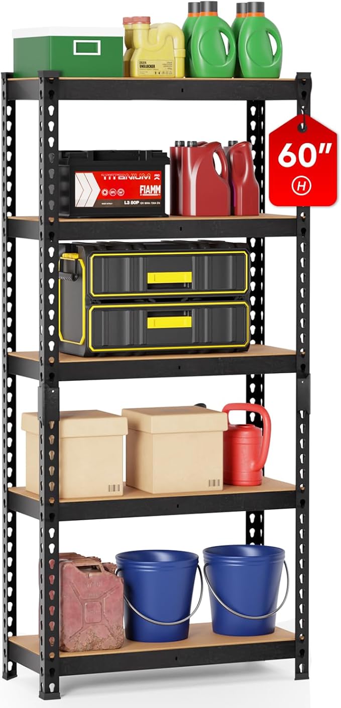 Storage Shelves 5 Tier Garage Shelving Heavy Duty Storage Rack, Adjustable Metal Shelving Unit, Garage Shelves for Basement Warehouse Pantry, 1655LBS, 60" H x 27.6" W x 11.8" D, Black