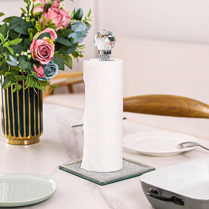 Hochance Silvery Crystal Standing Paper Towel Roll Holder Countertop Weighted Rack,Glam Cute Bling Rhinestone Jeweled Diamonds Modern Decoration Christmas Housewarming Gifts for Kitchen Home Bar
