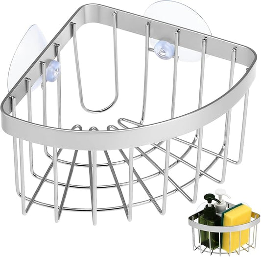 Housoutil Suction Sponge Holder, Movable 90°corner Sink Caddy Ith Strong Suction Cup, Stainless Steel Hollowed-out Caddy for Kitchen Bathroom