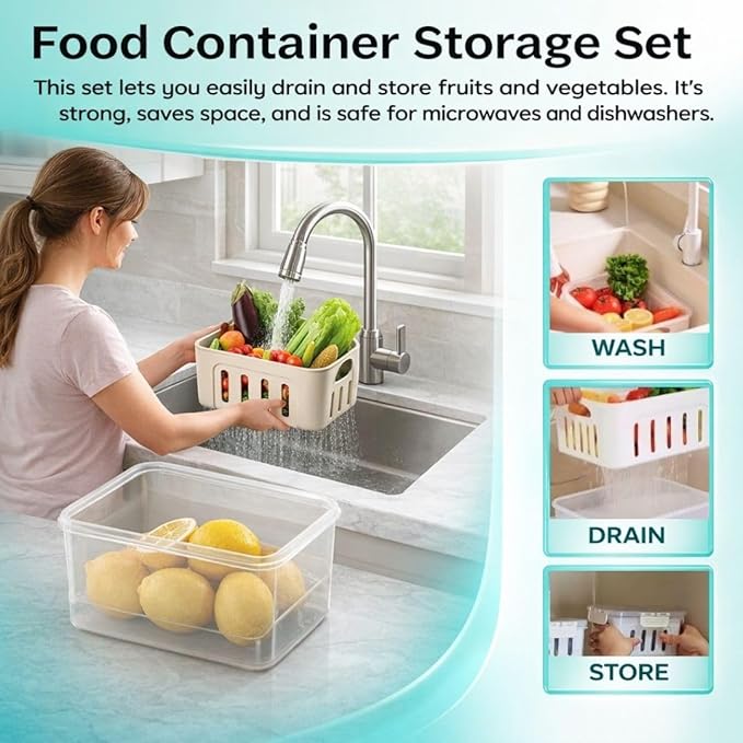 DAZZLEREE Fruit Containers for Fridge Keep Fresh, 5-Pack Produce Containers for Fridge with Lids, Meal Prep Containers, Food Organizer with Removable Colander, Microwave & Dishwasher Safe (White)