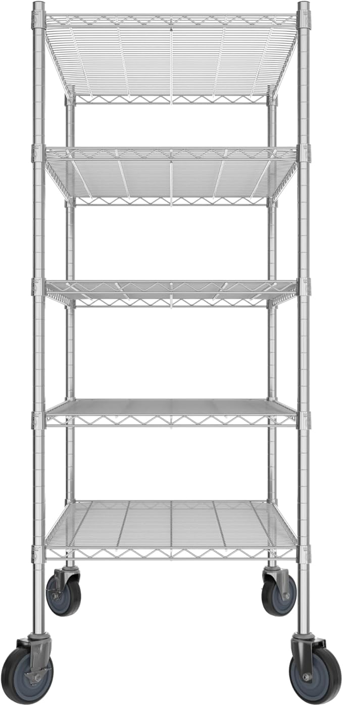 Commercial NSF Listed Chrome Mobile Wire Shelving Kit 24" x 36" x 60", with 5 Shelves Perfect for Warehouse, Walk-in Refrigerator, Freezer, Grocery Store, Restaurant, Dishroom