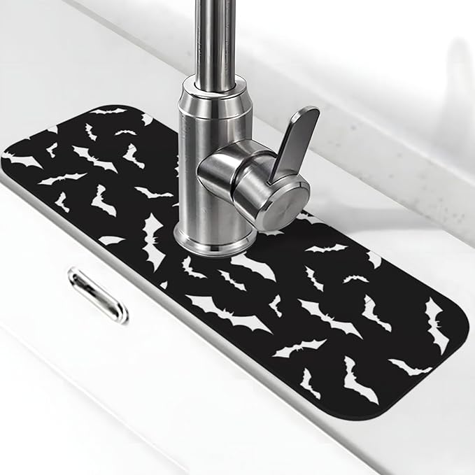 Halloween Cool Black Bat Kitchen Sink Splash Guard Faucet Mat Super Absorbent Fast Drying Mat Sink Gadgets-Fast Drying Pad Sink Mat For Kitchen Bathroom (15" X 5.5" )