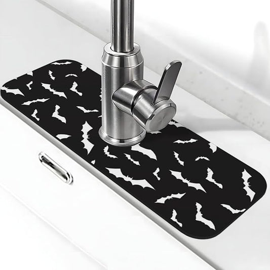 Halloween Cool Black Bat Kitchen Sink Splash Guard Faucet Mat Super Absorbent Fast Drying Mat Sink Gadgets-Fast Drying Pad Sink Mat For Kitchen Bathroom (15" X 5.5" )