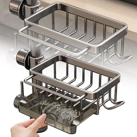 Eadwe Sink Organizer Rack for Kitchen and Bathroom, 2024 New Kitchen Sink Faucet Organizer with Drip Tray Faucet Sponge Holder (Grey, Right)