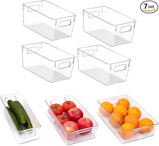 ZHOHO TANT 7 Pack Refrigerator Organizer Bins, 4 Sizes Stackable Clear Pantry Storage Bins with Handles for Fridge, Freezer, Shelves, Drawer, Bins, Snack Organizer for Home & Kitchen