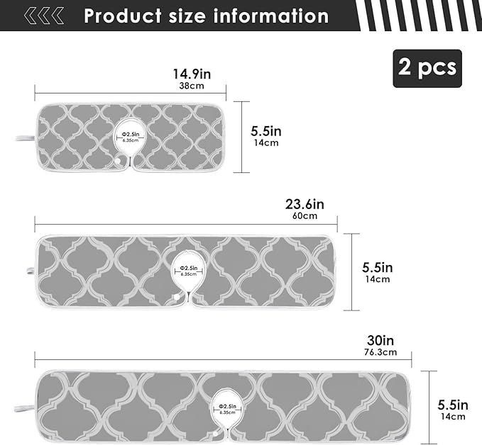 2 PCS Kitchen Sink Splash Guard 30 Inch Faucet Mat for Kitchen Sink Bathroom Sink Faucet Absorbing Drip Drain Mat Pad Microfiber Soft Washable Grey and Black Quatrefoil