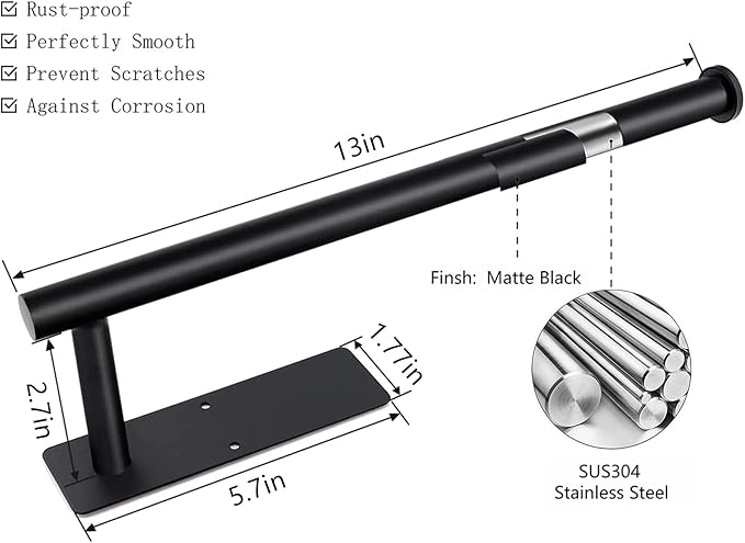 Paper Towel Holder, Under Cabinet Paper Towel Roll Holder Self Adhesive or Drilling, Wall Mounted Matte Black Paper Towel Rack for Kitchen, Bathroom, SUS304 Stainless Steel