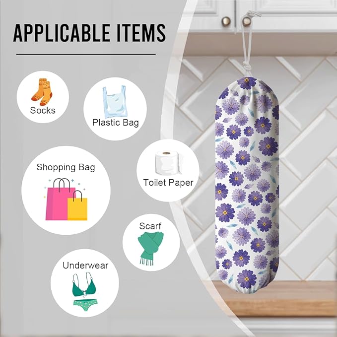Purple Floral Plastic Bag Holder, Grocery Bag Storage Dispenser, Washable Grocery Wall Mount Organizer, Kitchen Housewarming Gifts for Women Family Friends Grandma Mom