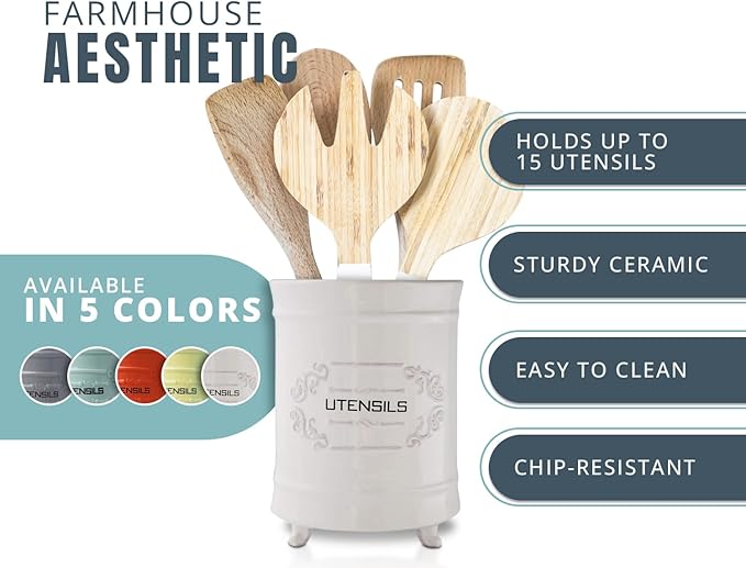 Comfify White Ceramic Utensil Holder – Vintage Style Kitchen Caddy – Shabby Chic Countertop Organizer – Rustic French Country Crock for Cooking Enthusiasts