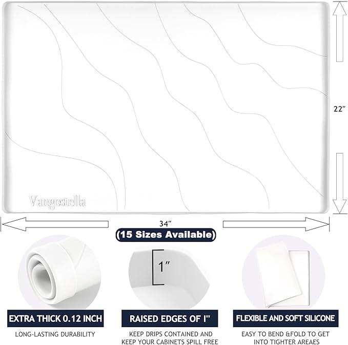 Vangostella Premium Under Sink Mats for Kitchen Waterproof 34" x 22", Extra Thick Non-Slip Silicone Under Sink Liner Drip Tray, Raised Edge Under Sink Cabinet Mat,Prevent Drips, Leaks, Spills,White