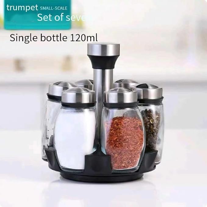 Kitchen rotating spice rack storage set, 360 degree rotating bracket, 6 glass jars, blank labels, space saving storage solution, suitable for kitchen and table use