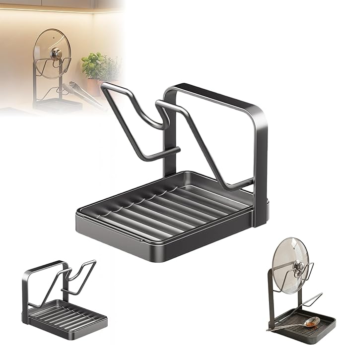 Kitchen Pot Lid Storage Rack, Multifunctional Holder While Cooking, Secure U-Shaped Slots Spoon Rest & Cutting Board Organizer, Removable Drip Tray for Countertop Stove Top (Black1)