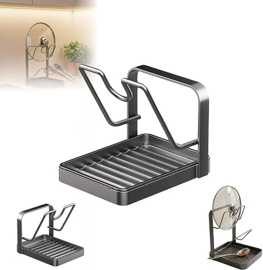 Kitchen Pot Lid Storage Rack, Multifunctional Holder While Cooking, Secure U-Shaped Slots Spoon Rest & Cutting Board Organizer, Removable Drip Tray for Countertop Stove Top (Black1)