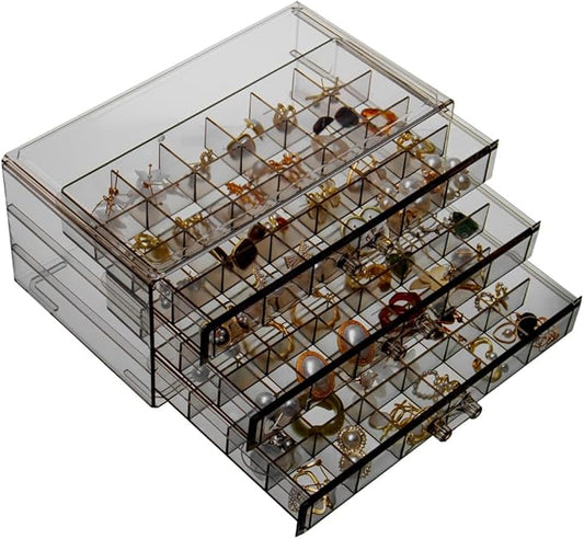 Earring Storage Box Organizer 3 Drawers Acrylic Jewelry Storage Box Holder Transparent Jewelry Display Stand with 72 Small Compartments Gift for Women Girls (Clear Black)