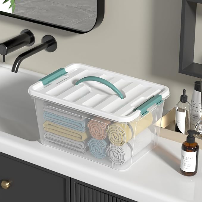 6 Pack Plastic Latching Box with Handle, 12 Quart Clear Lidded Storage Bin