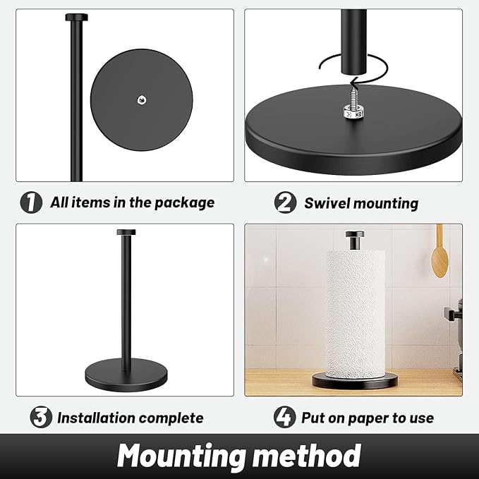 VEHHE Black Paper Towel Holder Countertop, Stainless Steel Paper Towel Holder Stand with Weighted Base Suction Cups for Kitchen Bathroom