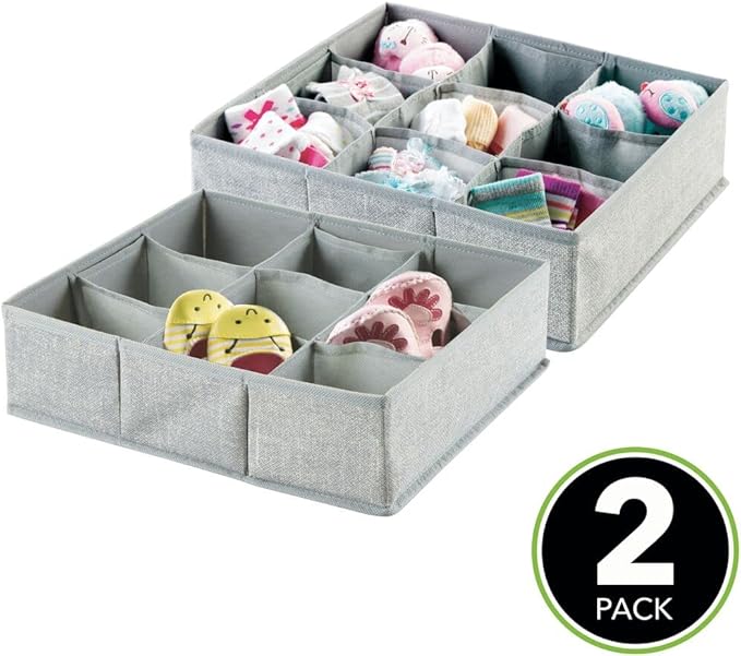 mDesign Soft Fabric 9 Section Dresser Drawer and Closet Storage Organizer for Child/Kids Room, Nursery, Playroom - Divided Large Organizer Bin - Textured Print with Solid Trim, 2 Pack - Gray